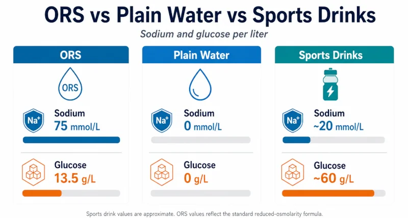 Comparison chart of oral rehydration solution, plain water, and sports drinks showing sodium and glucose content per liter.