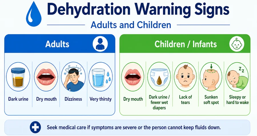 Infographic showing dehydration warning signs in adults and children, including dark urine, dry mouth, dizziness, lack of tears in infants, and sunken soft spot.