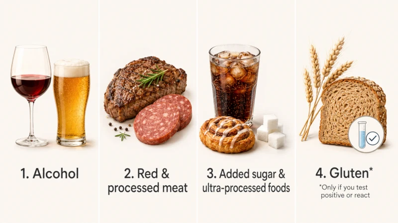 Alcohol, red and processed meat, added sugar and ultra-processed foods, and gluten shown as foods some people with psoriasis may need to limit.