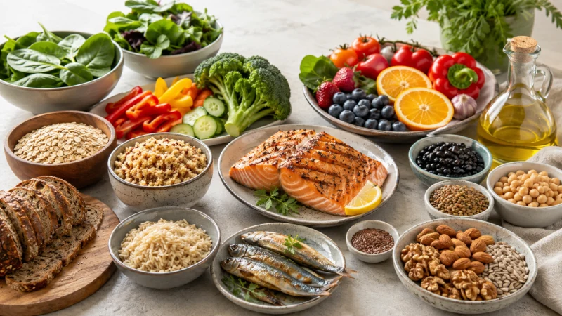 Heart-healthy foods including leafy greens, berries, oats, beans, lentils, walnuts, salmon, whole grains, and olive oil.