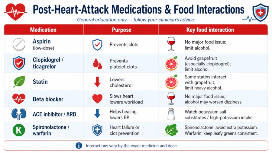Table of common post-heart-attack medications and the foods that interact with them