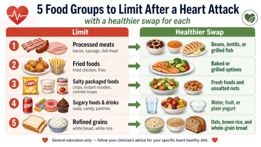 Chart comparing foods to avoid  after a heart attack with a healthier swap for each