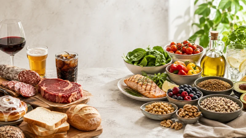 Foods to avoid with psoriasis alongside Mediterranean-style foods such as salmon, vegetables, beans, and whole grains.
