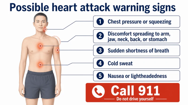 Heart attack warning signs including chest pressure, spreading discomfort, shortness of breath, sweating, nausea, and lightheadedness.