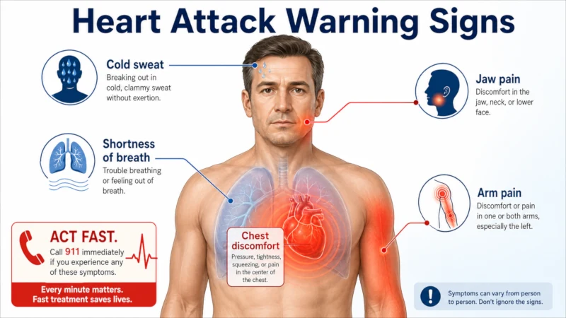 Diagram of heart attack warning signs including chest discomfort, arm and jaw pain, shortness of breath, and cold sweat
