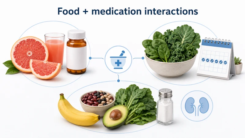 Grapefruit, leafy greens, potassium-rich foods, and prescription medicine shown as a reminder that some foods can interact with medications.