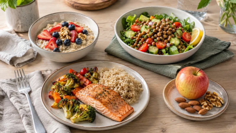 Heart-healthy breakfast, lunch, dinner, and snack featuring oatmeal and berries, lentils and greens, salmon and vegetables, and fruit with nuts.
