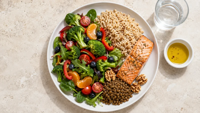 Heart-healthy diet with vegetables, fruit, whole grains, salmon, lentils, walnuts, and olive oil arranged on a balanced plate.