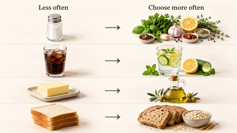 Heart-healthy food swaps showing herbs instead of excess salt, water instead of soda, olive oil instead of butter, and whole grains instead of white bread.