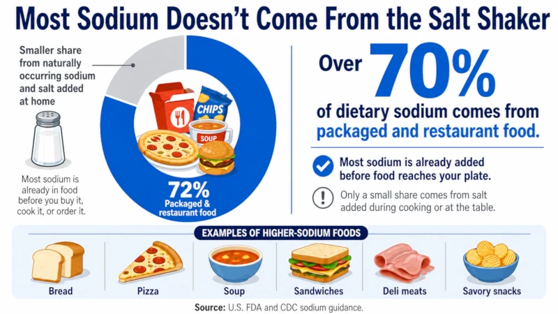 Infographic showing that over 70% of dietary sodium comes from packaged and restaurant food, not the salt shaker
