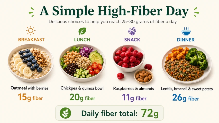 Sample high-fiber day showing breakfast, lunch, snack, and dinner choices.