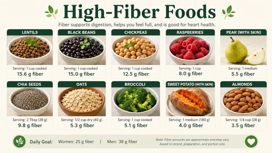 High-fiber foods with approximate grams of fiber per serving, including lentils, beans, raspberries, and pears.