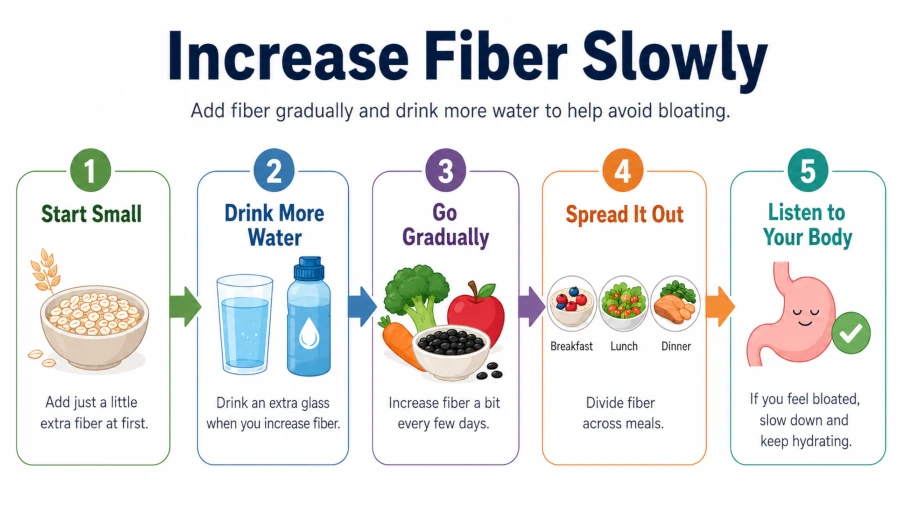 Step diagram showing how to increase fiber intake slowly while drinking more water to avoid bloating.