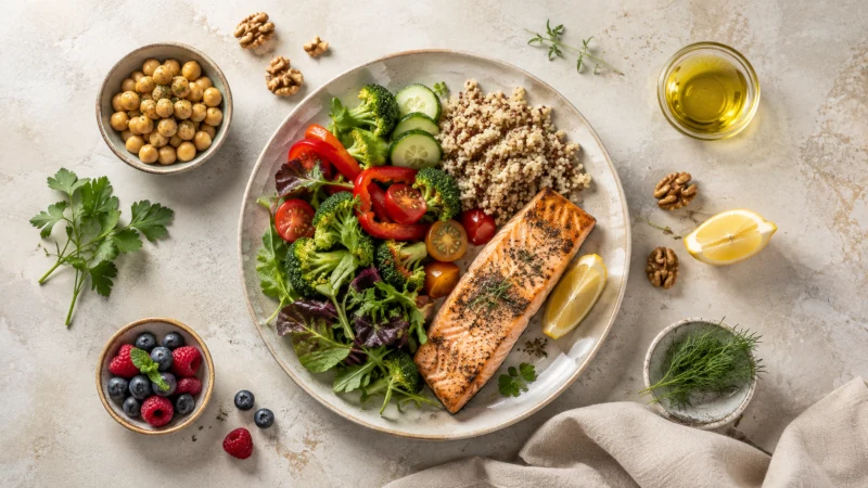 Mediterranean-style meal with salmon, vegetables, whole grains, lentils, olive oil, walnuts, and fresh fruit.