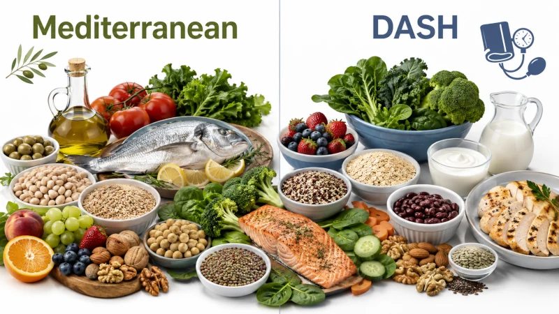 Mediterranean and DASH eating patterns compared side by side with vegetables, whole grains, fish, olive oil, legumes, nuts, and low-fat dairy.