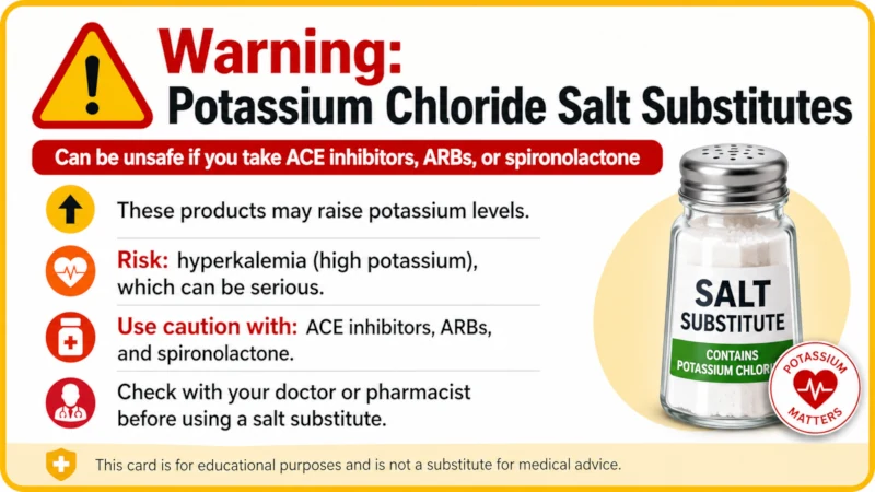 Warning card explaining that potassium chloride salt substitutes can be unsafe with ACE inhibitors, ARBs and spironolactone