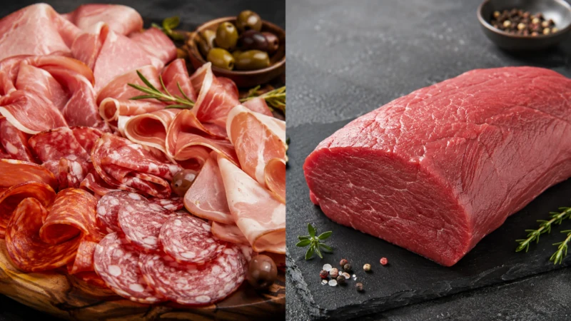 Side-by-side photo of cured deli meats and a lean unprocessed cut of beef