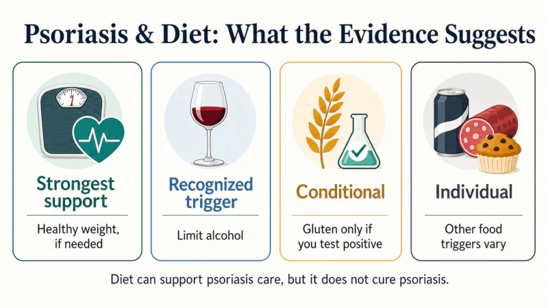 Visual guide showing stronger evidence for healthy weight management and more individualized evidence for specific psoriasis food restrictions.