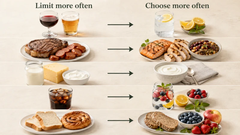 Everyday food swaps for psoriasis including water, fish, beans, low-fat dairy, whole grains, fruit, and vegetables.