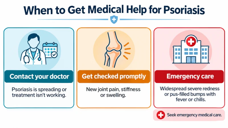 Guide showing when psoriasis symptoms should prompt a dermatologist visit, prompt medical attention, or emergency care.