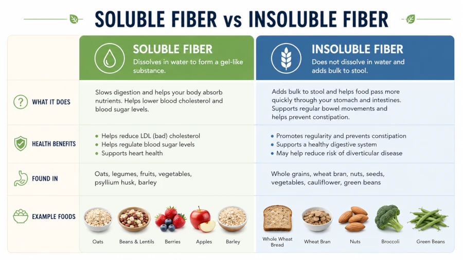 Comparison of soluble and insoluble fiber with example foods for each type.