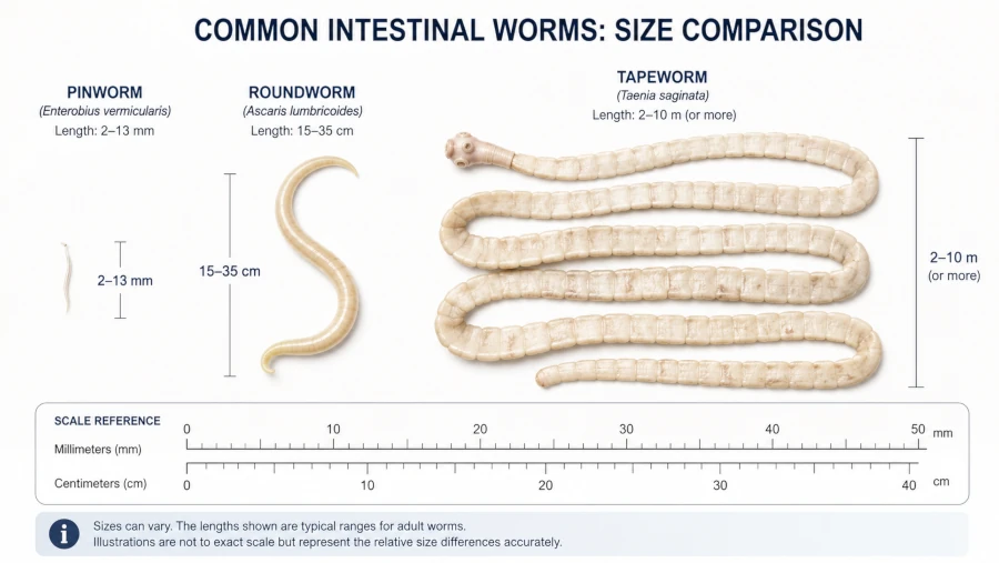 Illustration of pinworm, roundworm, and tapeworm with relative sizes.