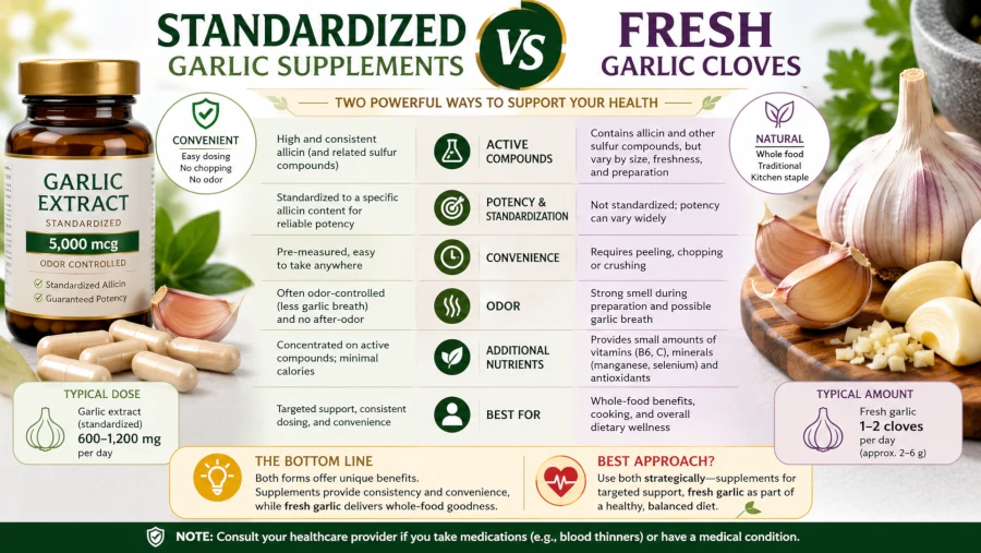 Comparison of standardized garlic supplements and fresh garlic cloves.