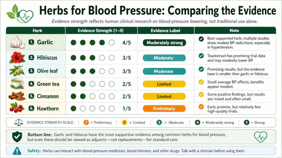Best herbs for high blood pressure chart comparing evidence strength for garlic, hibiscus, and other herbs for blood pressure.