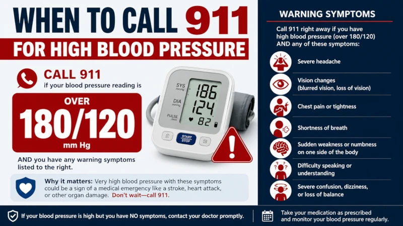 When to call 911 for high blood pressure: readings over 180/120 with warning symptoms.