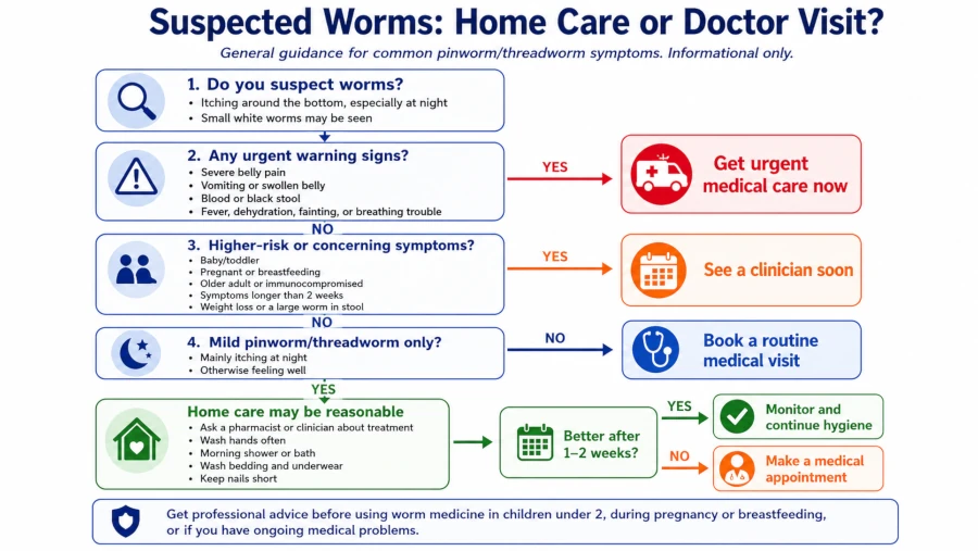 Decision flowchart for when to treat at home versus seek medical care for suspected worms.