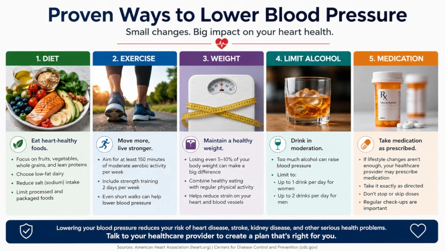 Proven ways to lower blood pressure: diet, exercise, weight, limiting alcohol, and medication.