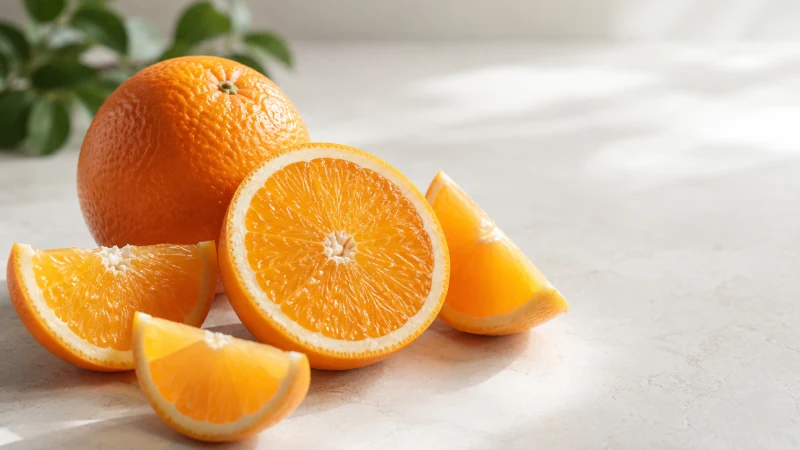 Fresh whole and sliced oranges illustrating the nutritional benefits of oranges.