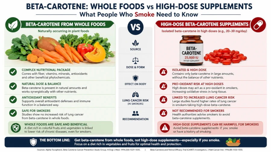 Comparison graphic contrasting beta-carotene from whole foods with high-dose beta-carotene supplements for people who smoke