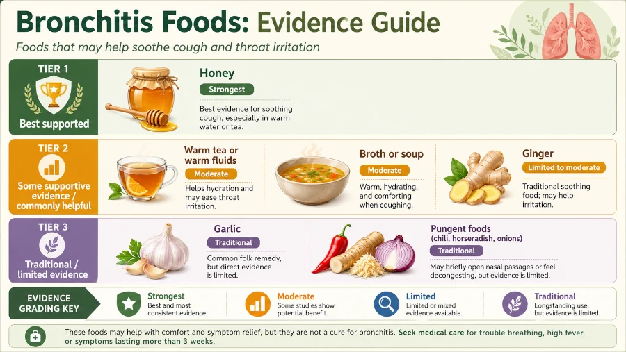 Chart grading bronchitis foods by evidence: honey strongest, pungent foods traditional.