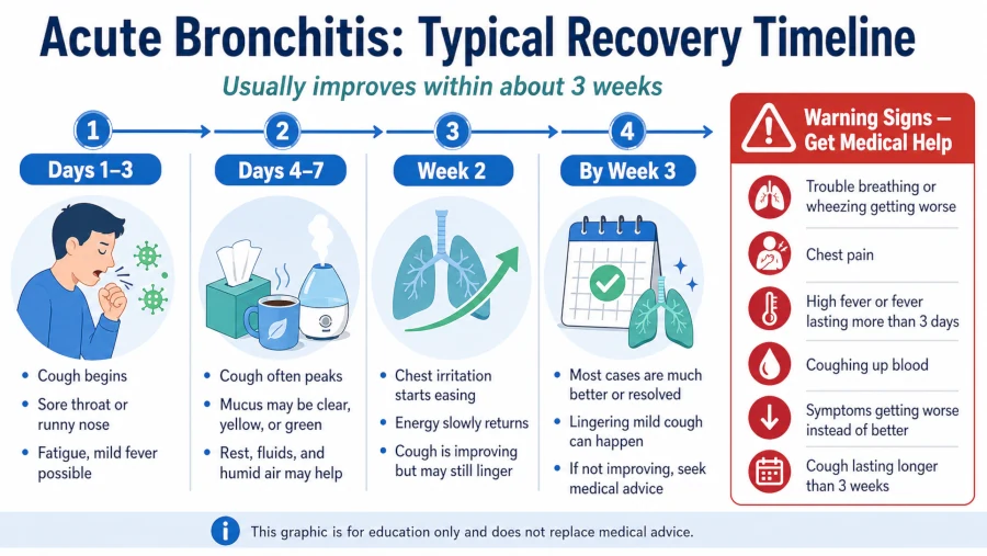 Timeline showing acute bronchitis usually resolving within three weeks with warning signs.