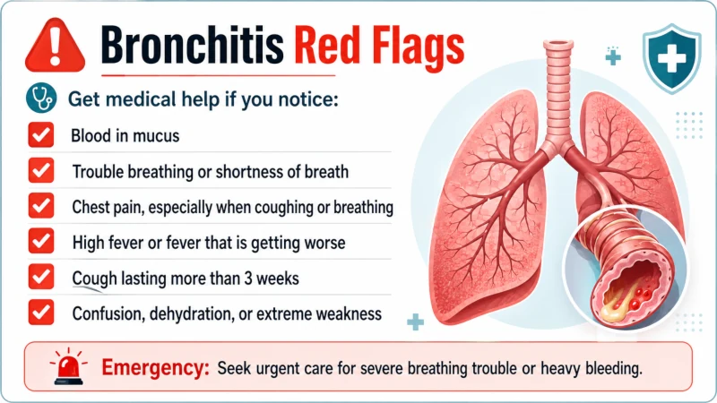 Checklist of bronchitis red flags including blood in mucus and breathing trouble.