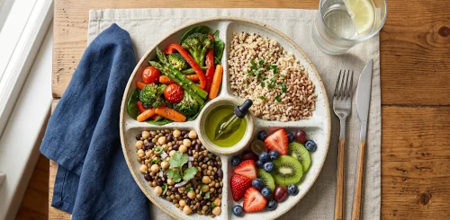 Overhead illustration of a plate of foods that fight cancer divided into whole grains, non-starchy vegetables, legumes, fruit, and extra virgin olive oil.