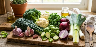 Fresh broccoli, cauliflower, kale, Brussels sprouts, garlic, red onion, and leeks arranged on a wooden board.