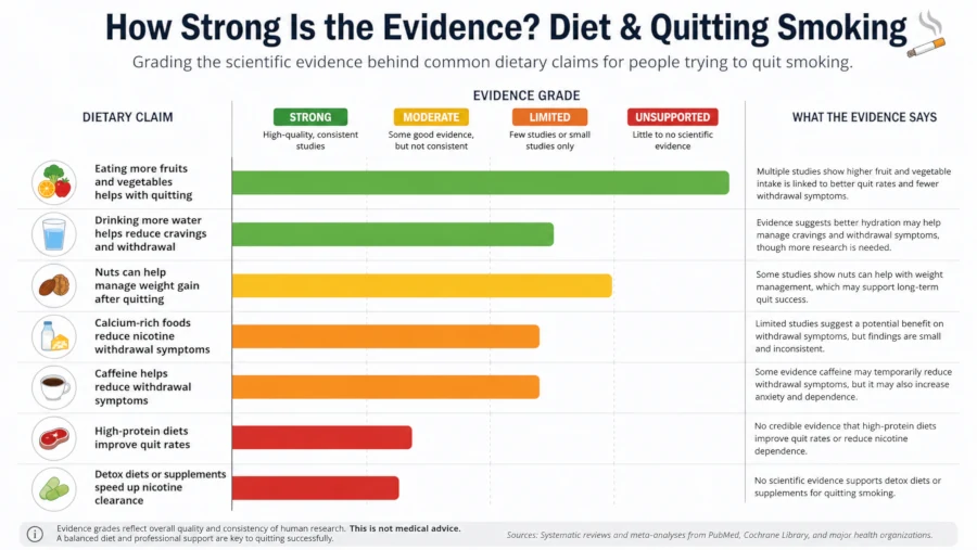 Bar chart grading the evidence behind common dietary claims about quitting smoking as strong, moderate, limited or unsupported