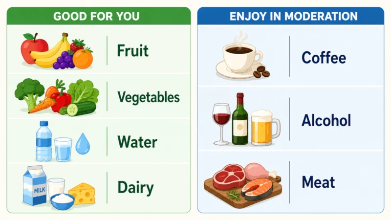 Two-column chart showing foods to help quit smoking such as fruit, vegetables, water and dairy on one side and coffee, alcohol and meat on the other