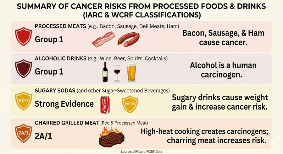 Visual list of processed meats, alcoholic drinks, sugary sodas, and charred grilled meat with their IARC or WCRF risk classification.