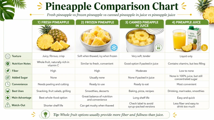 Comparison chart showing fresh pineapple, frozen pineapple, canned pineapple in juice, and pineapple juice