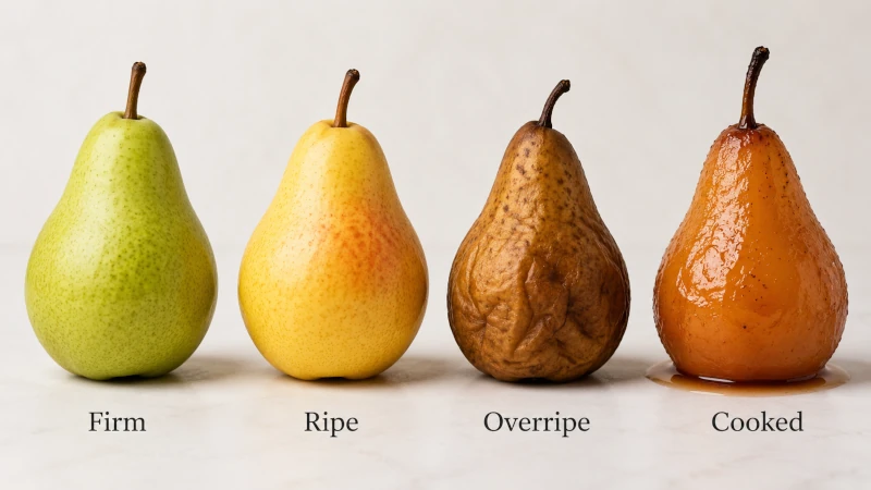 Four pears showing firm, ripe, overripe, and cooked pear options
