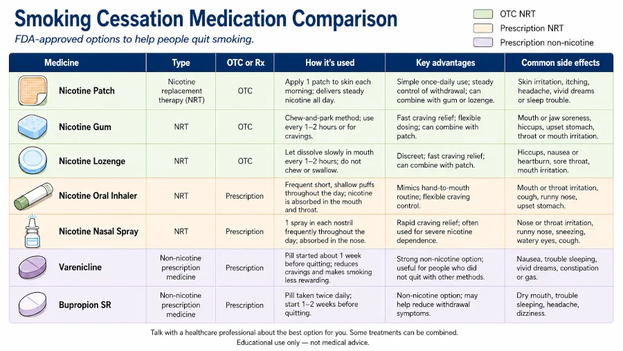 Chart comparing nicotine patch, gum, lozenge, inhaler, nasal spray, varenicline, and bupropion for quitting smoking.