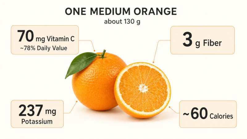 One medium orange provides about 70 mg vitamin C, 3 g fiber, 237 mg potassium, and roughly 60 calories.