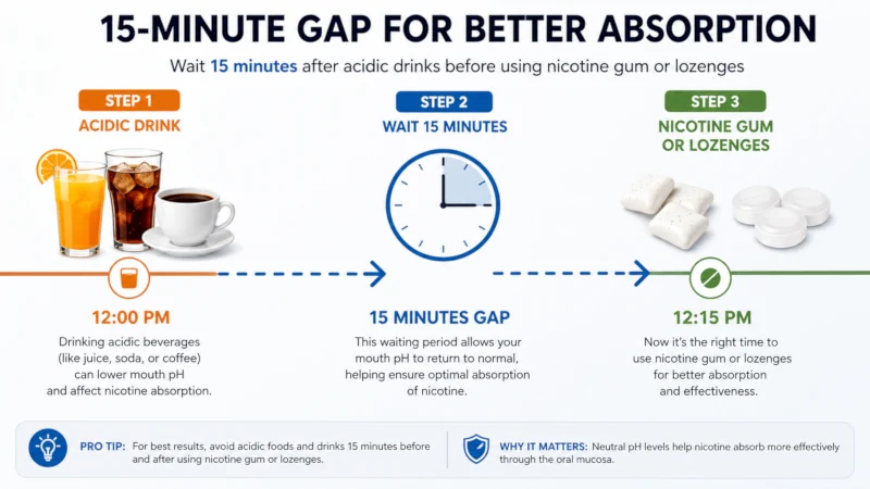 Timeline graphic showing a fifteen-minute gap between acidic drinks and using nicotine gum or lozenges