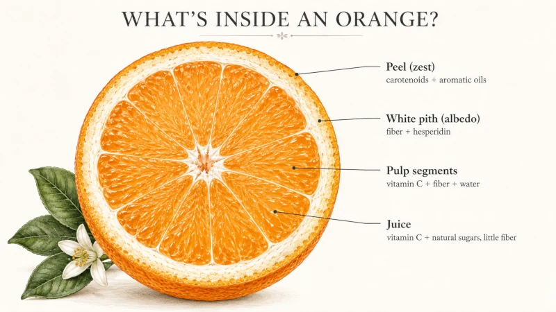 Cross-section of an orange showing the peel, white pith, pulp segments, and juice.