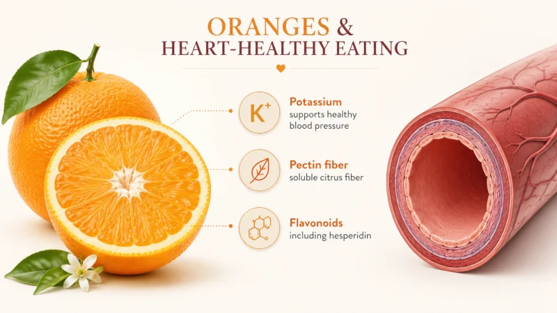 Orange with callouts for potassium, pectin fiber, and citrus flavonoids as components of heart-healthy eating.
