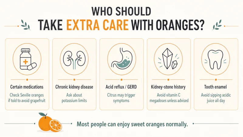 Five situations where extra care with oranges or orange juice may be needed, including medication interactions, kidney disease, reflux, kidney stones, and tooth enamel.