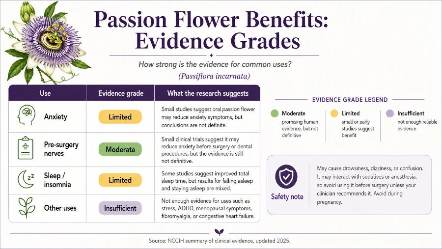 Chart grading the evidence for passion flower benefits across anxiety, pre-surgery nerves, sleep, and other uses.